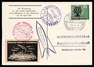 1961 (18 Jun) 'In memory of the first human space flight on a rocket on April 12 1961', Federal Republic of Germany (FRG), Test series 'Augusta-2' transported by rocket, Rocket Airmail Picture Postcard from Konigsbrunn (Germany) to Augsburg-Hochzoll (Germany), franked with 10pf, with violet round handstamp 'Rocket Post', red round handstamp 'Rocket Association Augsburg', purple graphic handstamp in the shape of a rocket, vignette 'First night rocket 1960', Commemorative Postmarks