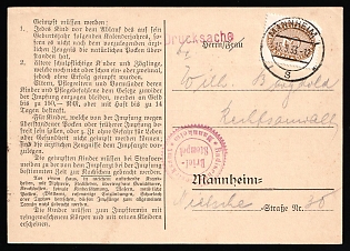 1933 (15 Sep) Third Reich, Germany, Postcard with printed matter locally addressed in Mannheim, franked with an official stamp of 3pf, with purple round handstamp 'Baden District Office Mannheim', violet handstamp with the vaccination address on the back side