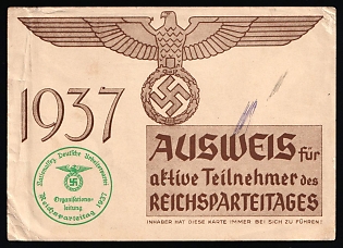 1937 Identity card for active participants of the Reich Party Congress in Nuremberg, with green round seal 'National Socialist German Workers' Party. Reich Party Congress 1937', violet official seal on the back side, NSDAP Propaganda, Third Reich Nazi Germany