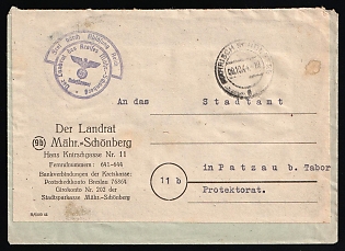 1944 (9 Oct) Sudetenland, Germany, Stampless free tariff Cover from Mahrisch-Schonberg (now Sumperk, Czech Republic) to Pacov near Tabor, Protectorate of Bohemia and Moravia (Czech Republic), with violet official letter cancellation 'Exempted from postage by compensation to the Reich. Landrat of the district of Mahrisch-Schonberg', handstamped registration marking '11b'