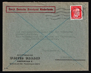 1944 (15 Aug) 'Ship broker Walter Knaack', German Occupation of the Netherlands, Cover from Amsterdam (Netherlands) to Deventer (Netherlands), via German Official postal service in the Netherlands, franked with 12pf, with roller cancellation, blue crayon postal marking