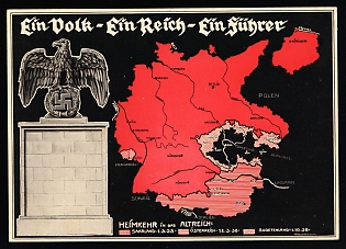 1938 (25 Nov) 'One Nation, One Empire, One Leader', Occupation of Reichenberg, Sudetenland, Germany, Propaganda Picture Postcard from Plasy (now Czech Republic), franked with 10h, with postmark 'Heil Hitler. Day of accession to Greater Germany', Third Reich Nazi Germany