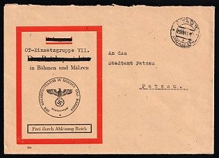 1944 (25 Aug) Bohemia and Moravia, Germany, Stampless free tariff Cover from Prague (Czech Republic) to Pacov (Czech Republic), with official letter cancellation 'Reichsprotector in Bohemia and Moravia. Task Force VII of the Todt Organization', mark in a rectangular frame 'Free through redemption Reich'