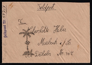 1939-45 Third Reich, Germany, Military Mail Field Post Feldpost, Stampless free tariff Cover from German Africa Corps (North Africa) to Marbach am Neckar (Germany), Felpost number '47767'
