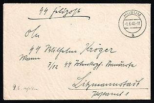1940 (1 Jun) Third Reich, Germany, SS Military Mail Field Post Feldpost, Stampless free tariff Cover from Husum (Germany) to Litzmannstadt (Lodz, Poland)