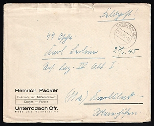 1945 (23 Jan) 'Heinrich Packer' Third Reich, Germany, SS Military Mail Field Post Feldpost, Stampless free tariff Cover from Unterrodach (Germany) to Carlsbad (Karlovy Vary, Czech Republic)