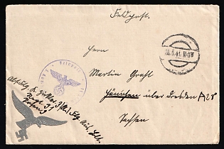 1941 (28 Jan) Third Reich, Germany, Military Mail Field Post Feldpost, Stampless free tariff Cover from 3rd Company of the 31st Training Aviation Regiment of the Luftwaffe in Poznan (Poland) to Hanichen (Germany) via Dresden (Germany), with violet round Official seal
