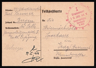 1944 (4 Jan) Third Reich, Germany, Military Mail Field Post Feldpost, Stampless free tariff Postcard from SS Obersturmführer Karl Kremser, Armored Troops School I, Tactical Course in Bergen near Celle (Germany) to Graz (Austria), round red clock handstamp with dial "Received. Jan 10 1944 Styrian Savings Bank in Graz", green handstamp 'To the accounting department of the Styrian Savings Bank in Graz' and green square handstamp 'Correspondence. 10 Jan 1944', red crayon postal marking