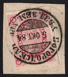 1883 5k on piece Bogorodsk Zemstvo, Imperforate Type 2, #SG1 Circular Datestamp '5 Oct 1884'