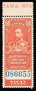 1930 50c Dominion of Canada, Revenue Stamp, Inscription on the Margin