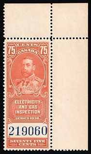 1930 75c Dominion of Canada, Revenue Stamp, Corner Margin