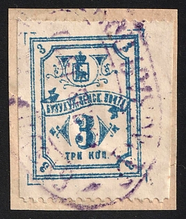 1908 3k on piece Buzuluk Zemstvo, Margin, MISSING Vertical Perforation, #SG3 Violet Oval Datestamp