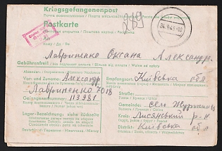 1943 (24 Sep) Third Reich, Germany, Censored Multilingual Folding Double Postcard from Prisoner of War Camp Stalag XIII B Weiden to Zhurzhintsy, Kyiv (Ukraine), sent by Prisoner of War who was Deployed as a Forced Laborer for the Reich Railway, Red Censorship Postmark