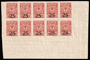 1918 25k on 3k, Rostov-on-Don, Russia, Civil War, Block 5x2, Signed, Imperforate, Corner Margins