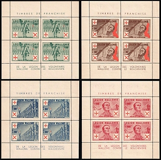 1941 Belgian Walloon Legion, Germany, Complete Set, Miniature Sheets, Sheet Inscriptions, Plate Numbers on the Backside