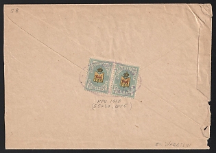 1910 (Nov) Ostrov Zemstvo (Pskov Province), Registered cover from Pridanzi (Ostrov District) to Ostrov "District Court in Ostrov", franked with a pair of 3k left typ.2 right typ.1 (Ostrov), canceled by violet oval "ОСТРОВСКАЯ УѢЗДНАЯ/ ЗЕМСКАЯ УПРАВА" (ШГ5) postmark. Handwritten note "Заказное / Registered" on the front and "Мѣстное / Local" in center