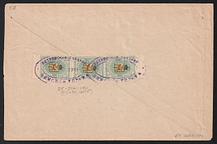 1911 (25 Jun) Ostrov Zemstvo (Pskov Province), Cover from Peskovo (Ostrov District) to Ostrov "District Court in Ostrov", franked with vertical strip of three 3k left and central typ. 1 right typ. 2 (Ostrov), canceled by violet oval "ОСТРОВСКАЯ УѢЗДНАЯ/ ЗЕМСКАЯ УПРАВА" (ШГ5) Ostrov zemstvo postmark.