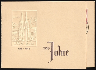 1948 '700th anniversary of the laying of the foundation stone of Cologne Cathedral' British and American Zones of Occupation, Germany, Embossed Souvenir Folder with complete set of 6pf - 50pf, Commemorative Cancellations