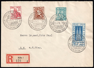 1948 (15 Aug) British and American Zones of Occupation, Germany, Registered Cover from Cologne to Au (Sieg) with registration label franked with complete set of 6pf - 50pf, Commemorative Postmarks