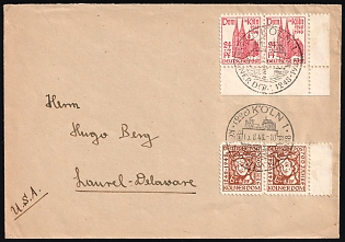 1948 (15 Aug) British and American Zones of Occupation, Germany, Cover from Cologne to Laurel (Delaware, United States) franked with marginal pairs of 6pf and 24pf, Commemorative Postmarks, Margins