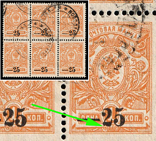 1918 25k on 1k Kuban, South Russia, Russia, Civil War, Block 3x2, Cut '2' from the Bottom, NOVODEREVYANKOVSKOE Postmark