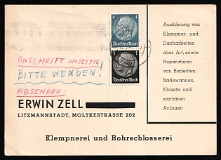 1941 (3 Mar) Third Reich, Germany, Advertising Postcard from Litzmannstadt (Lodz, Poland) to Rendsburg, franked with 1pf and Se-tenant 4pf+1pf, Advertisement for Erwin Zell 'Plumbing and Pipe Fitting', with blue and red crayon postal markings