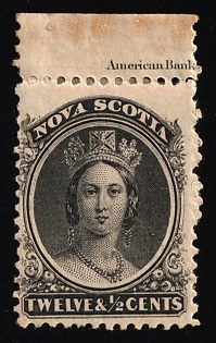 1860-63 12.5c Nova Scotia, Canada, British Self-Governing Colony, Yellow Paper, Inscription on the Margin