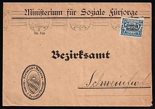 1919 (20 Dec) Bayern, German States, Germany, Official Cover of the Ministry of Social Welfare from Munich to Schweinfurt district administration, franked with official stamp of 20pf, with Roller cancellation, oval emblem with inscription 'Free State of Bavaria. Ministry of Social Welfare'