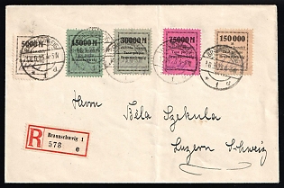 1923 (18 Sep) Weimar Republic, Germany, Registered Cover from Braunschweig to Lucerne (Switzerland), Addressee: Bela Sekula - famed philatelic dealer and stamp counterfeiter, franked with provisional stamps of 5000m, 15000m, 30000m, 75000m, 150000m 'Fee paid. Tax paid. Braunschweig', with red registration label