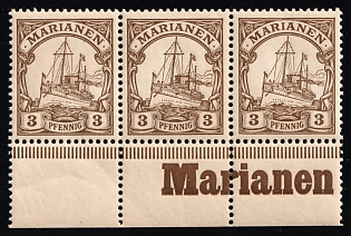 1901 3pf Marianas Islands, German Colonies, Kaiser’s Yacht, Germany, Marginal Strip of 3, Sheet Inscription 'Marianen'