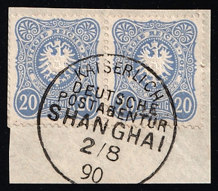 1890 20pf German Offices in China on piece, Germany, Forerunner, Pair, Shanghai Postmark