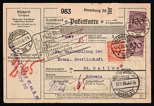 1925 (17 Nov) Weimar Republic, Germany, Parcel Receipt Card from Hamburg to St. Gallen (Switzerland), via Basel (Switzerland), franked with pair 2 x 100pf, 50pf, 5pf, 10pf, with registration label, round handstamp of the sorting service at 'Basel 17' station, rectangular postal customs handstamp 'St. Gallen. Postzoll', violet handstamp 'Ernte-Verlag G.m.b.H. Hamburg 26', red and blue crayon postal markings, green label 'Instructions of the sender' on the back side