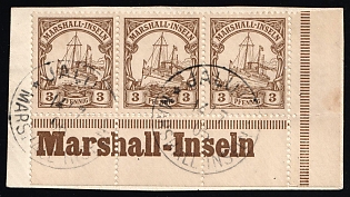 1900 3pf Marshall Islands on piece, German Colonies, Kaiser’s Yacht, Germany, Marginal Corner Strip of 3, Sheet Inscription 'Marshall-Inseln', Signed