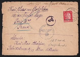 1942 (1 Dec) 12Pf German Occupation of Ukraine, Germany, Cover from Kyiv to Paris (France) via the German Official Postal Service in Ukraine, Ab Censorship Postmark from Foreign Mail Censorship Office in Berlin (Auslandsbriefprüfstelle Berlin) and Wehrmacht Eagle Censor Postmark