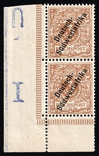 1898-99 3pf South West Africa, German Colonies, Germany, Marginal Corner Pair, Brown Ochre Color, Sheet Inscription