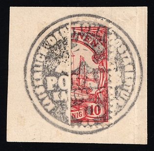 1905 10pf Caroline Islands on piece, German Colonies, Kaiser’s Yacht, Germany, Replacement Postmark for Standard Postmark that was lost during a Typhoon on the Island of Ponape, Bi-sect