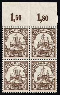 1919 3pf Marshall Islands, German Colonies, Kaiser’s Yacht, Germany, Marginal Block of Four, Plate Numbers
