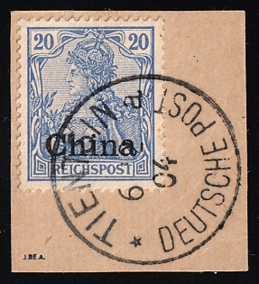 1901-04 20pf German Offices in China  on piece, Germany, Tianjin Postmark, Signed