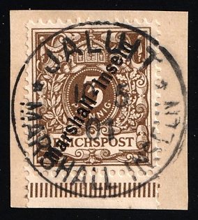 1899 3pf Marshall Islands on piece, German Colonies, Kaiser’s Yacht, Germany, Margin, Jaluit Postmark