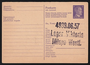 1943 Third Reich, Germany, Trilingual Reply Postcard directed to the "Viktoria" Forced Labor Camp in Milspe, Westphalia, which housed Civilian Workers from the Occupied Soviet Territories for Wartime Industrial Labor.