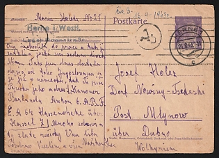 1943 (21 Aug) Third Reich, Germany, Postcard from the Roonstraße Forced Labor Camp ("Lager Roonstraße") in Herne (Green Postmark) to Occupied Volhynia (Czech Republik), written by a Forced Laborer (Ostarbeiter), Black Ab Censorship Postmark from Foreign Mail Censorship Office in Berlin (Auslandsbriefprüfstelle Berlin)