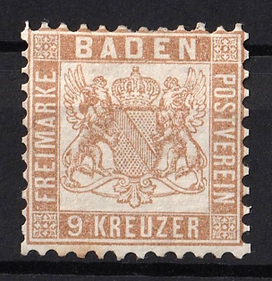 1864 9kr Baden, German States, Germany, Pale Brown