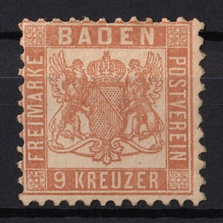 1864 9kr Baden, German States, Germany, Yellow-Brown