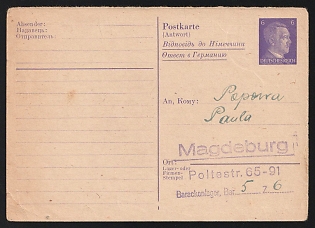1943 Third Reich, Germany, Blingual Reply Postcard, Purple Postmark directed to the Forced Labor Camp in Magdeburg, in which Forced Laborers for an Armaments Factory were housed