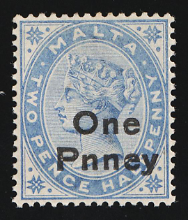 1902 1d on 2.5d Malta, British Colonies, Queen Victoria, 'One Pnney'