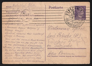 1943 (15 Jun) Third Reich, Germany, Postcard sent from Stettin to Rowno Region (Ukraine), written by an Forced Laborer of the "Moorwiesenlager" Forced Labor Camp  where the Sender was Forced to Work at a Military Fodder Factory ("Heeresfutterkonservenfabrik"), Black Ab Censorship Postmark from Foreign Mail Censorship Office Berlin  (Auslandsbriefprüfstelle Berlin)