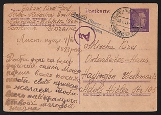 1943 (5 Apr) German Occupation of Ukraine, Germany, Postcard from Zwiahel Ukraine to an Ukrainian Forced Laborer (Ostarbeiter) in the Ostarbeiter House in Hayingen (Westmark), Purple Ab Censorship Postmark from Foreign Mail Censorship Office Berlin  (Auslandsbriefprüfstelle Berlin)
