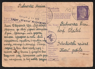 1943 (24 Sep) Third Reich, Germany, Trilingual Postcard with Reply Card sent from Labor Camp Leipzig  Wema Antonienstraße (Blue Postmark, Camp of the Local Machine Tool Factory) to Kyiv Region, written by an Ukrainian Forced Laborer (Photo), Black Ab Censorship Postmark from Foreign Mail Censorship Office Berlin  (Auslandsbriefprüfstelle Berlin)
