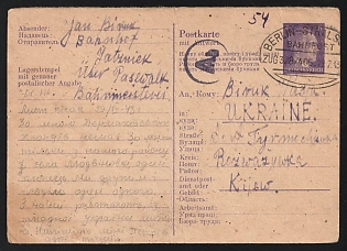 1943 (29 Jul) Third Reich, Germany, Postcard with Railway Postmark to Kyiv Region, written by an Ukrainian Forced Laborer who worked at the Track Maintenance Depot at Jatznick Station, near Pasewalk, Black Ab Censorship Postmark from Foreign Mail Censorship Office Berlin  (Auslandsbriefprüfstelle Berlin)