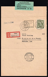 1945 (4 Dec) Unna (Westphalia), Germany Local Post, Cover (Invoice used as envelope) from stamp dealer and expert H. C. Robert with registration label, blue registration handstamp and philatelic dealer's seal from Unna to Hemmerde franked with 12pf and 30pf British and American Zones of Occupation